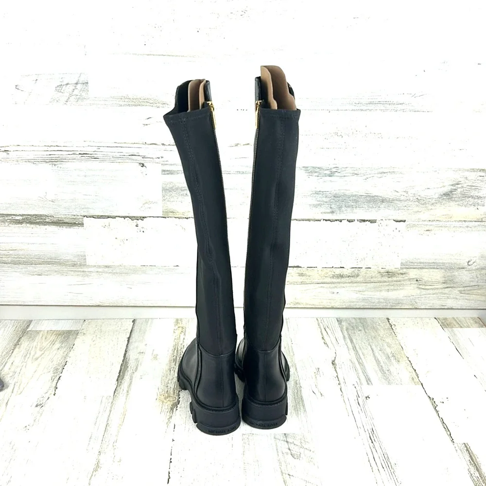 Michael Kors Womens 5 Black Ridley Leather Combat Knee High Boots NEW